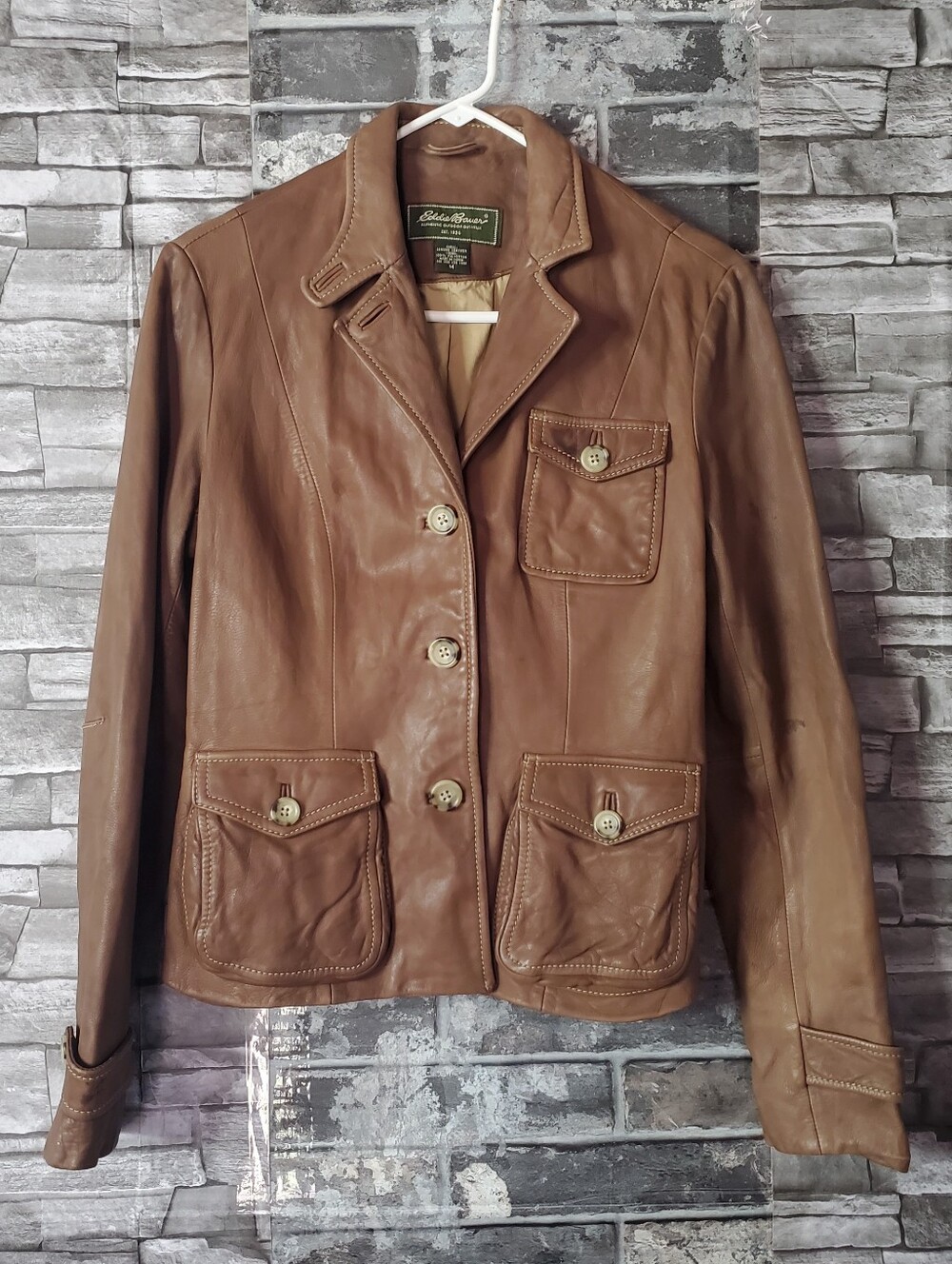Eddie Bauer Brown Leather Moto Jacket Vintage Button-up Punk Gothic Rock Y2K Med - Picture 2 of 13